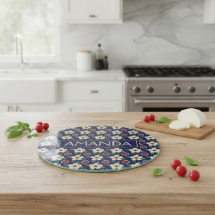 Personalized Navy Blue Floral Cutting Board