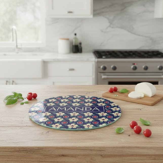 Personalized Navy Blue Floral Cutting Board (Creator Uploaded)