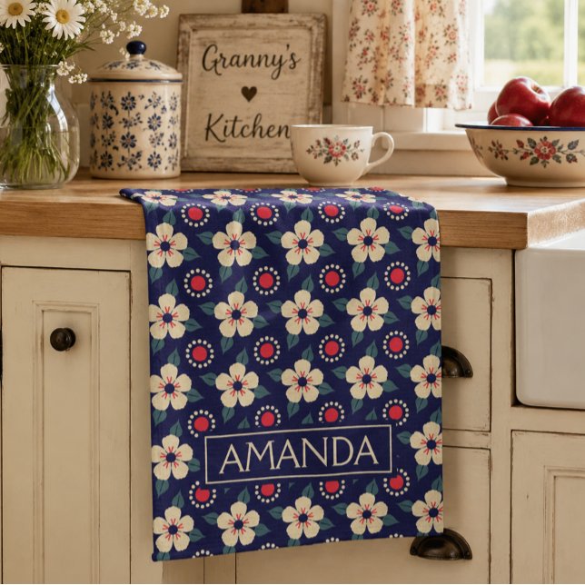 Personalized Navy Blue Floral Kitchen Towel (Creator Uploaded)