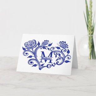 Personalized Navy Blue Floral Monogram M Card