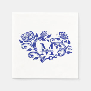 Personalized Navy Blue Floral Monogram M Napkin