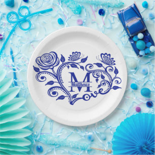 Personalized Navy Blue Floral Monogram M Paper Plate