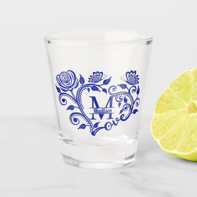 Personalized Navy Blue Floral Monogram M Shot Glass (Front)