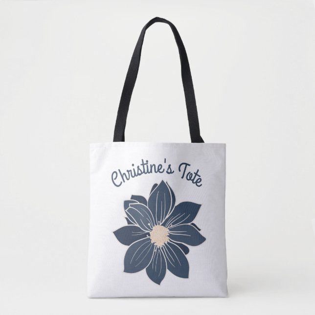 Personalized Navy Blue Flower Tote Bag (Front)