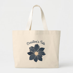 Personalized Navy Blue Flower Tote Bag