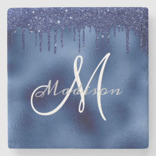 Personalized Navy Blue Glitter Monogram Custom Stone Coaster