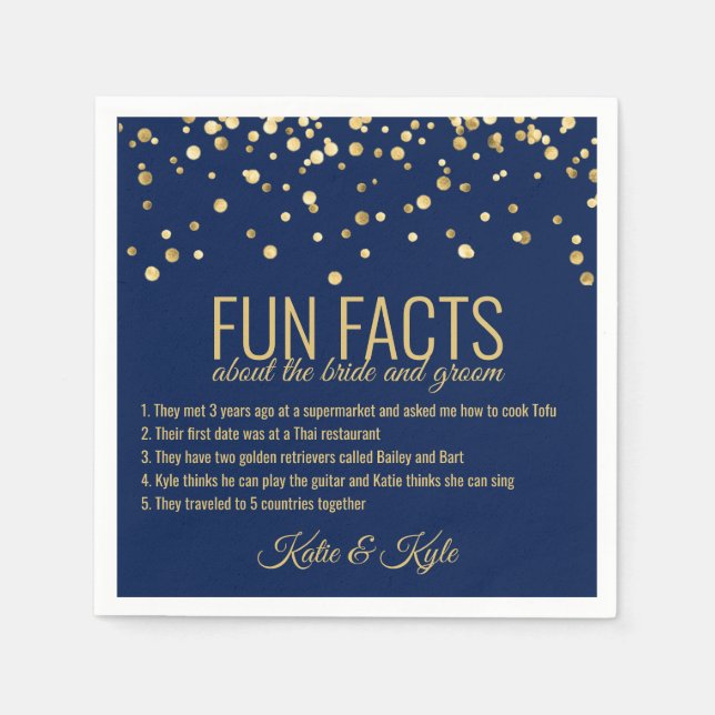 Personalized NAVY BLUE Gold Confetti FUN FACTS Napkin (Front)