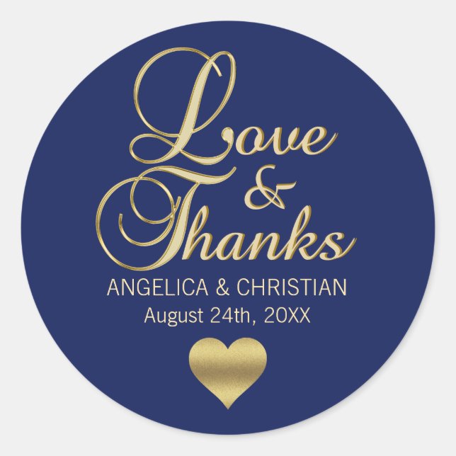 Personalized NAVY BLUE Gold LOVE & THANKS Wedding Classic Round Sticker (Front)