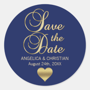 Personalized Navy Blue Gold SAVE THE DATE Wedding Classic Round Sticker