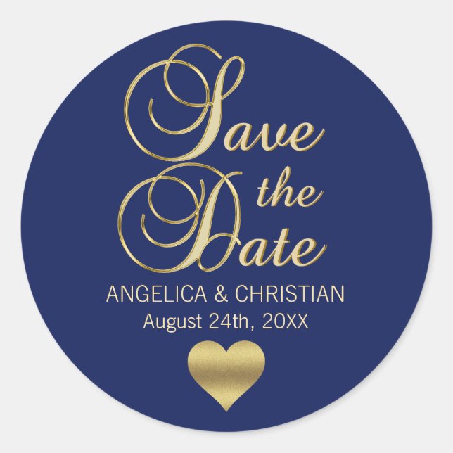 Personalized Navy Blue Gold SAVE THE DATE Wedding Classic Round Sticker (Front)