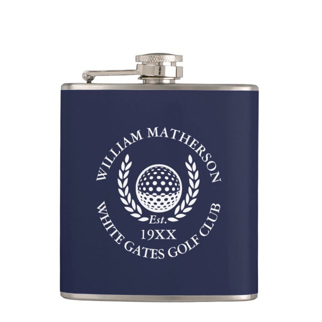 Personalized Navy Blue Golf Club Name Hip Flask (Front)