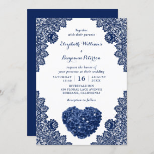 Personalized Navy Blue Lace Hydrangea Wedding Invitation