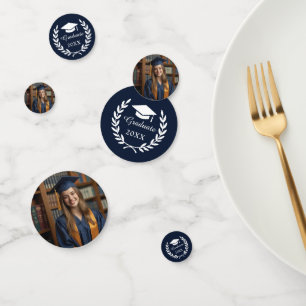 Personalized Navy Blue Laurel Wreath Grad Photo Confetti