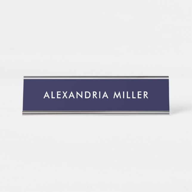 Personalized Navy Blue Modern Desk Name Plate (Front)