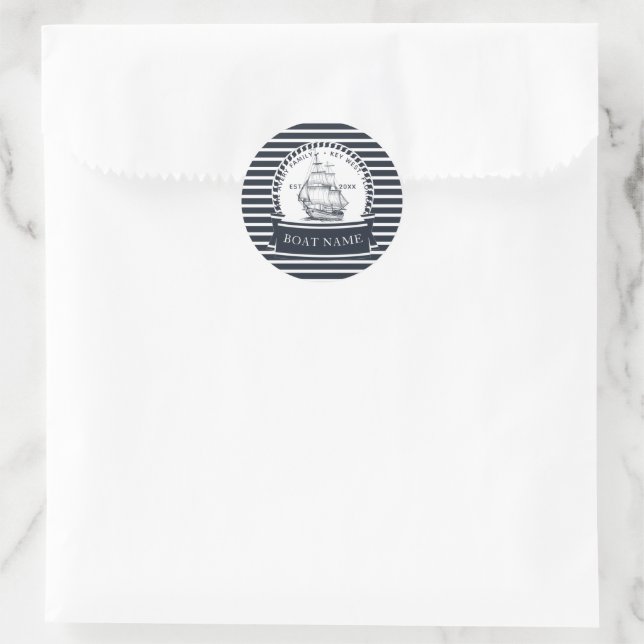 Personalized Navy Blue Modern Nautical Classic Round Sticker (Bag)