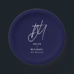 Personalized Navy Blue Monogram Wedding Paper Plate<br><div class="desc">Add a personal touch to your wedding celebration with these navy blue paper plates featuring a large brush script monogram with two initials,  and the couple's name and wedding date below in elegant sans serif font. Perfect for serving snacks,  desserts,  and other treats to your guests.</div>