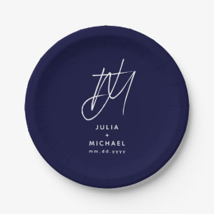Personalized Navy Blue Monogram Wedding Paper Plate