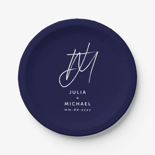 Personalized Navy Blue Monogram Wedding Paper Plate (Front)