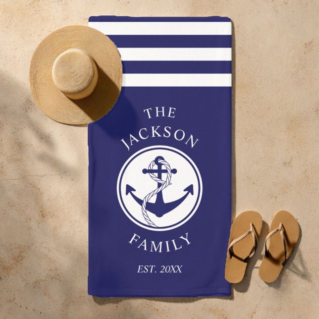 Personalized Navy Blue Nautical Anchor Beach Towel (Personalized Navy Blue Nautical Anchor Beach Towel)