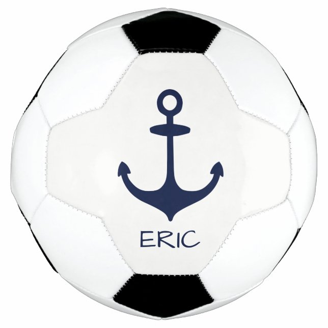 Personalized Navy Blue Nautical Anchor Soccer Ball (Front)