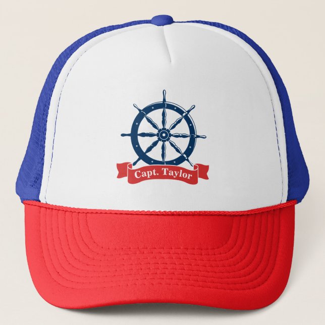 Personalized, navy blue nautical navy ship wheel, trucker hat (Front)
