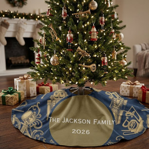 Personalized Navy Blue Nutcracker family name Faux Linen Tree Skirt