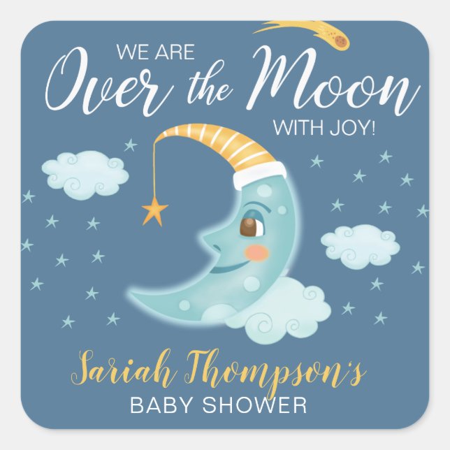 Personalized Navy Blue Over the Moon Square Sticker (Front)