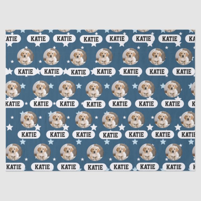 Personalized Navy Blue Pet Photo Star Pattern Tissue Paper (Front)