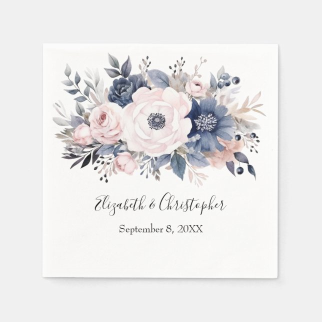 Personalized Navy Blue Pink White Floral Wedding Napkin (Front)