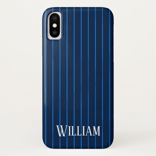 Personalized navy blue pinstripes Case-Mate iPhone case (Back)
