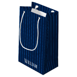 Personalized navy blue pinstripes small gift bag