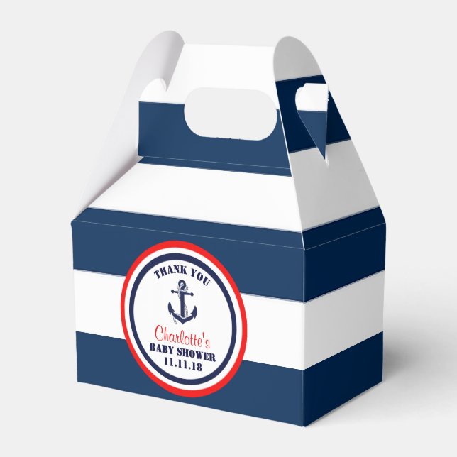 Personalized Navy Blue Red Nautical Baby Shower Favor Box (Front Side)