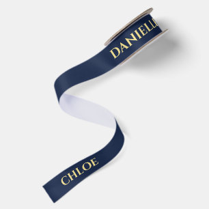 Personalized Navy Blue Ribbon with Gold Name Text Satin Ribbon