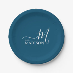 Personalized Navy Blue Signature Family Name  Paper Plate