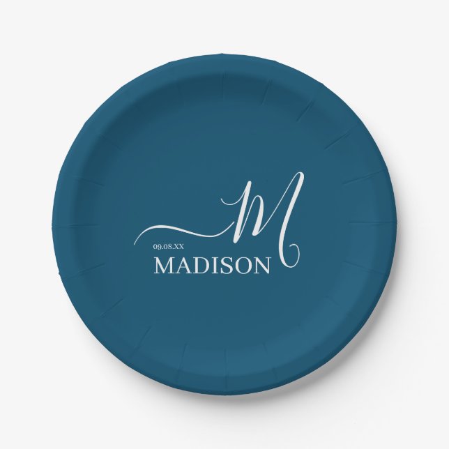Personalized Navy Blue Signature Family Name  Paper Plate (Front)
