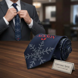 Personalized Navy Blue Snowflake Christmas Gift Tie