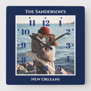Personalized Navy Blue Square Top Bottom Texts Wall Clock