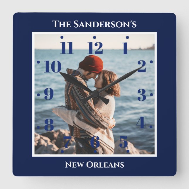 Personalized Navy Blue Square Top Bottom Texts Wall Clock (Front)