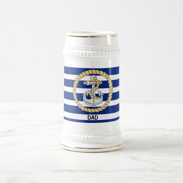 Personalized Navy Blue Striped Anchor 3 Stein (Center)