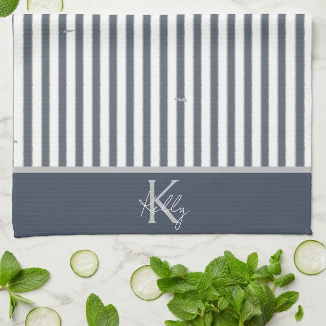 Personalized Navy Blue Striped Kitchen Towels (Folded)