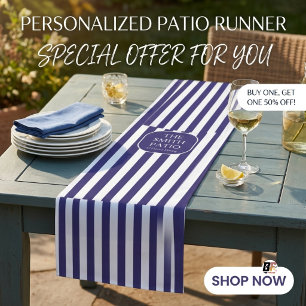 Personalized Navy Blue Striped Outdoor Patio Medium Table Runner