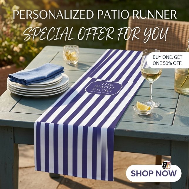 Personalized Navy Blue Striped Outdoor Patio Medium Table Runner (#celebrationparty)