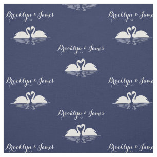 Personalized Navy Blue Wedding Fabric With Swans