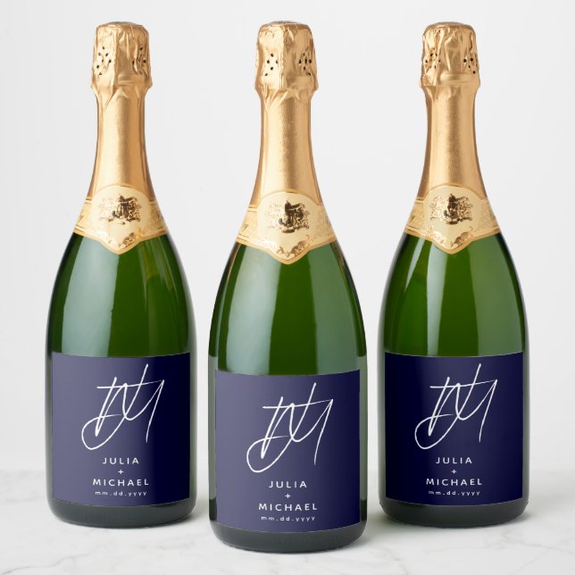 Personalized Navy Blue Wedding Monogram Sparkling Wine Label (Bottles)