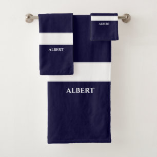 Personalized Navy Blue White Bath Towel Set