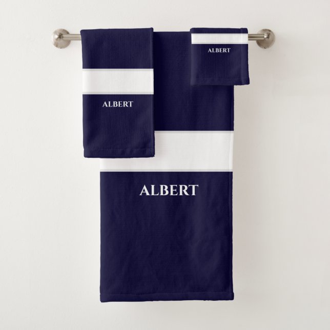 Personalized Navy Blue White Bath Towel Set (Insitu)