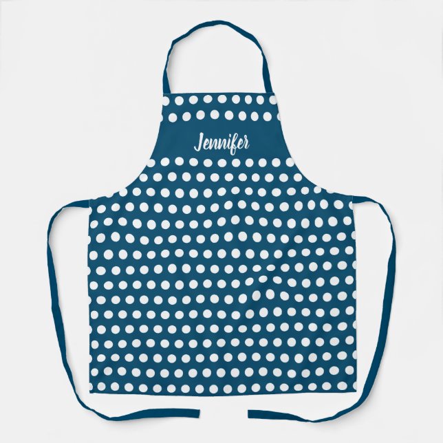 Personalized Navy Blue White Polka Dot Baking Apron (Front)