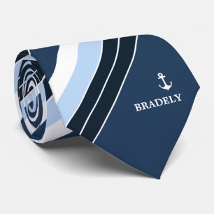 Personalized Navy Blue White Stripes Nautical Name Tie