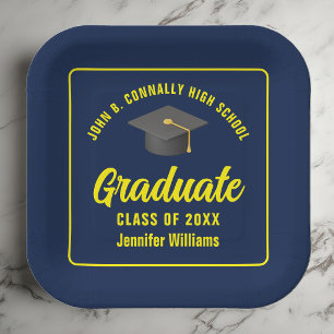Personalized Navy Blue Yellow Graduation Party Paper Plate