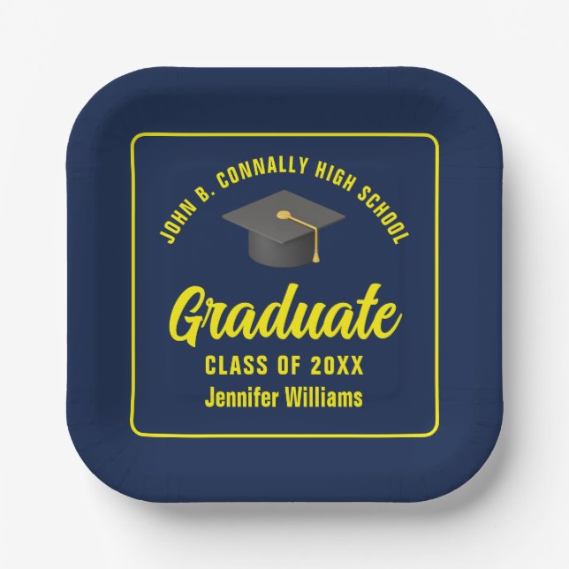 Personalized Navy Blue Yellow Graduation Party Paper Plate (Front)